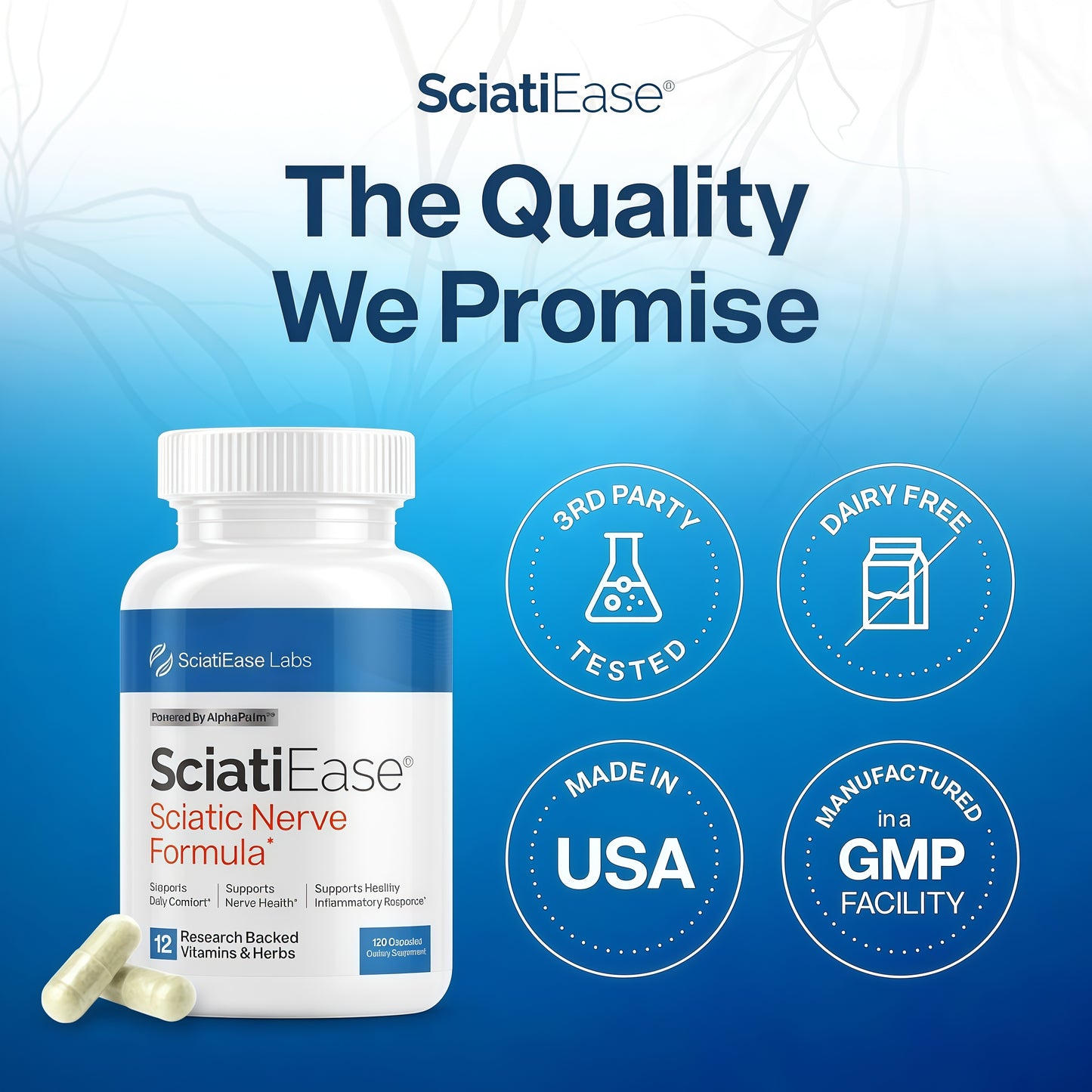 SciatiEase Sciatic Nerve Health Support Supplement - Nerve Support Formula with AlphaPalm, Pea, Vitamin B Complex, Alpha Lipoic Acid 300mg - 120 Capsules